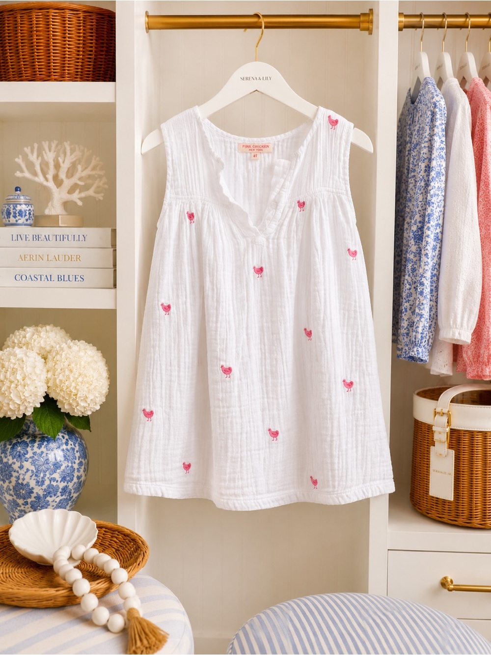 Pink Chicken White Muslin Top with Red Heart Embroidery